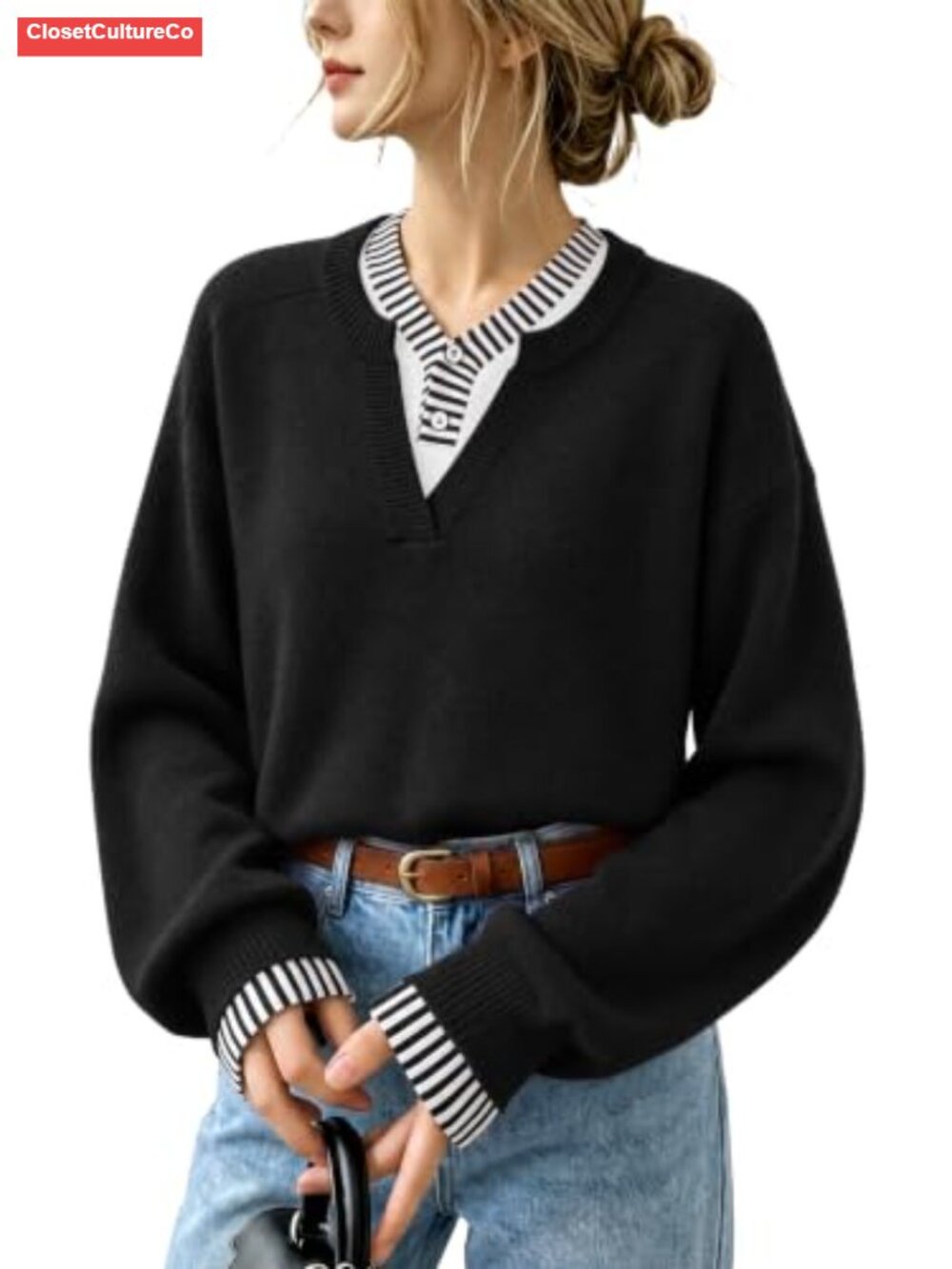 Womens Faux Layered Henley Neck Pullover Sweater Knit Long Sleeve